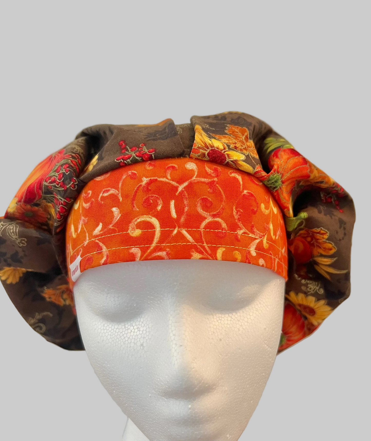Bouffant Scrub Cap Fall Harvest Floral Adjustable Surgical Hat | Autumn Nurse Cap, Pumpkin & Sunflower OR Cap | Front View