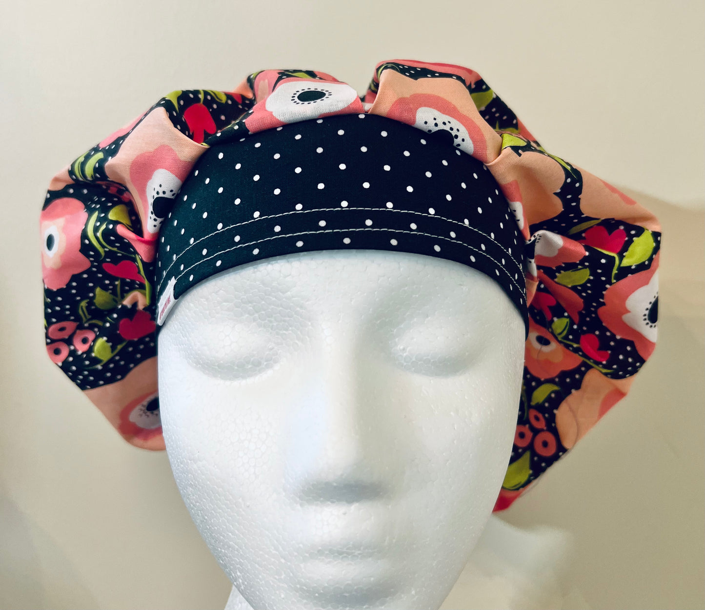 Petals & Polka Dots | Black Polka Dot Floral Scrub Cap Bouffant Nurse Hat