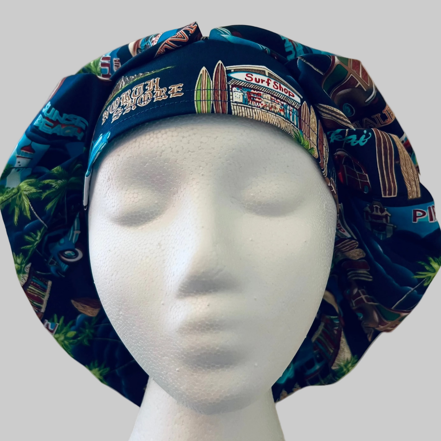 Hawaii Vacation Bouffant Scrub Cap – Waikiki & Island Travel Nurse Cap – Tropical Hawaiian Surgical Hat for Long Hair