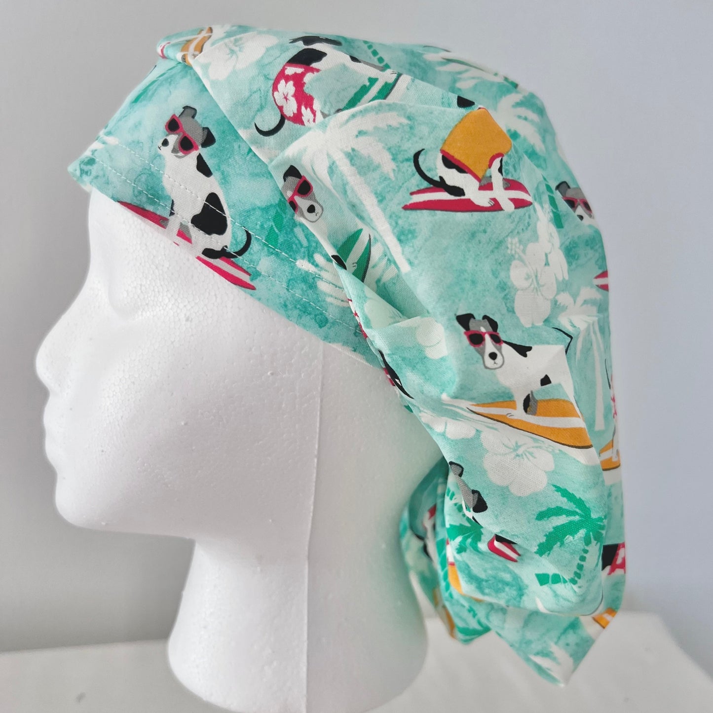 Dog Surfing Bouffant Scrub Cap | Tropical Beach Dogs Hat | Ocean Waves Veterinary Cap | Summer Hair Coverage Scrub Hat