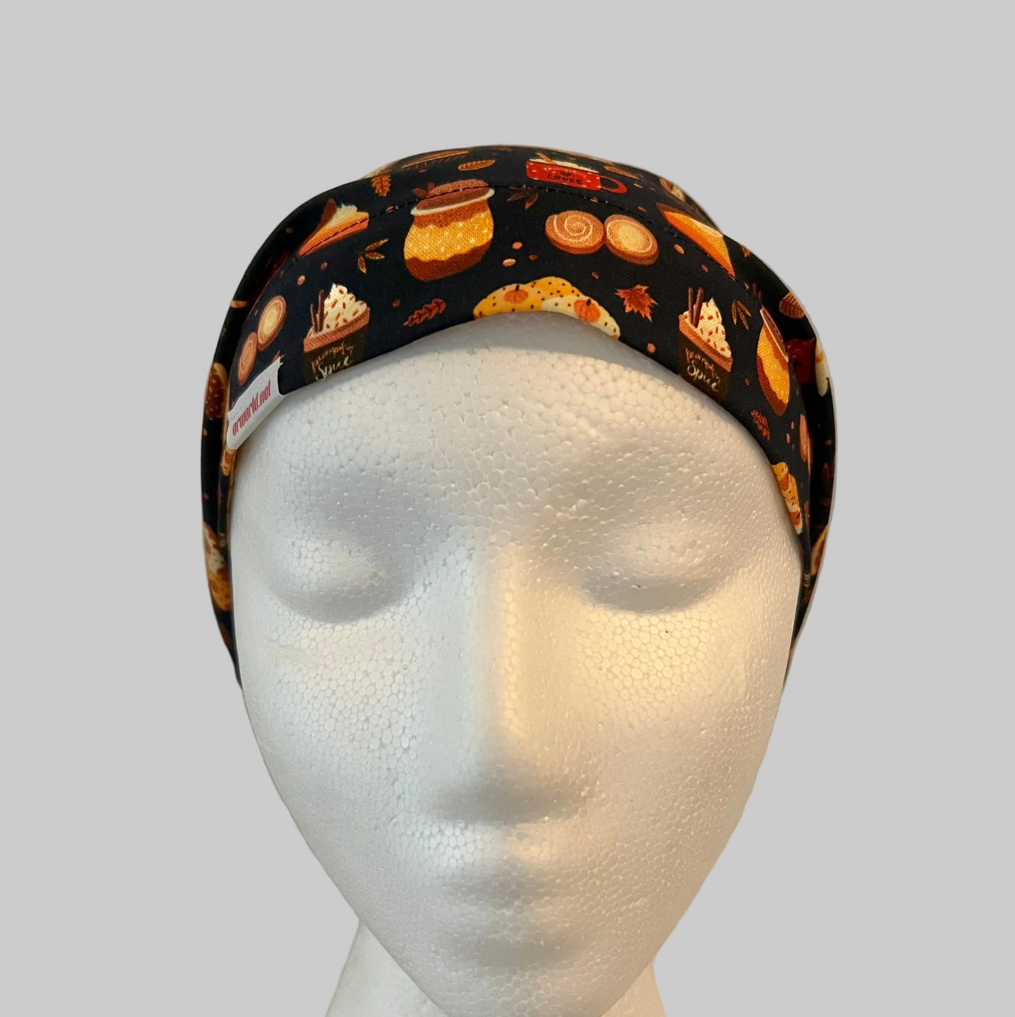 Euro Fall Pumpkin Spice Scrub Cap | Autumn Coffee & Dessert Surgical Hat | Adjustable OR Cap for Nurses & Surgeons | Satin Lining Option | Front View
