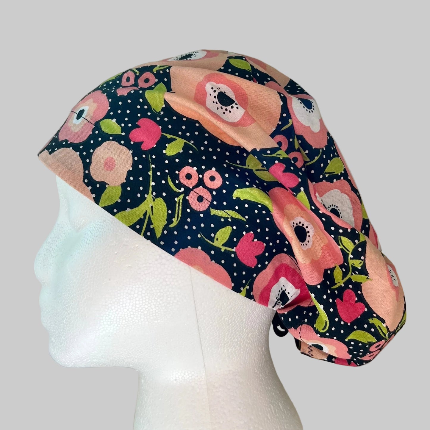 Petals & Polka Dots | Black Polka Dot Floral Euro Scrub Cap Nurse Hat