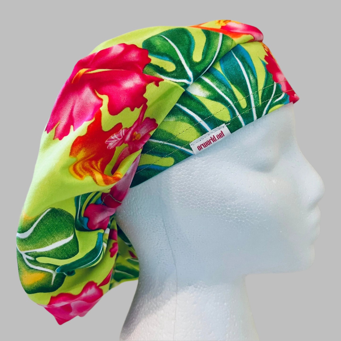 Bouffant-Hawaiian-lime green with pink Hibiscus flowers