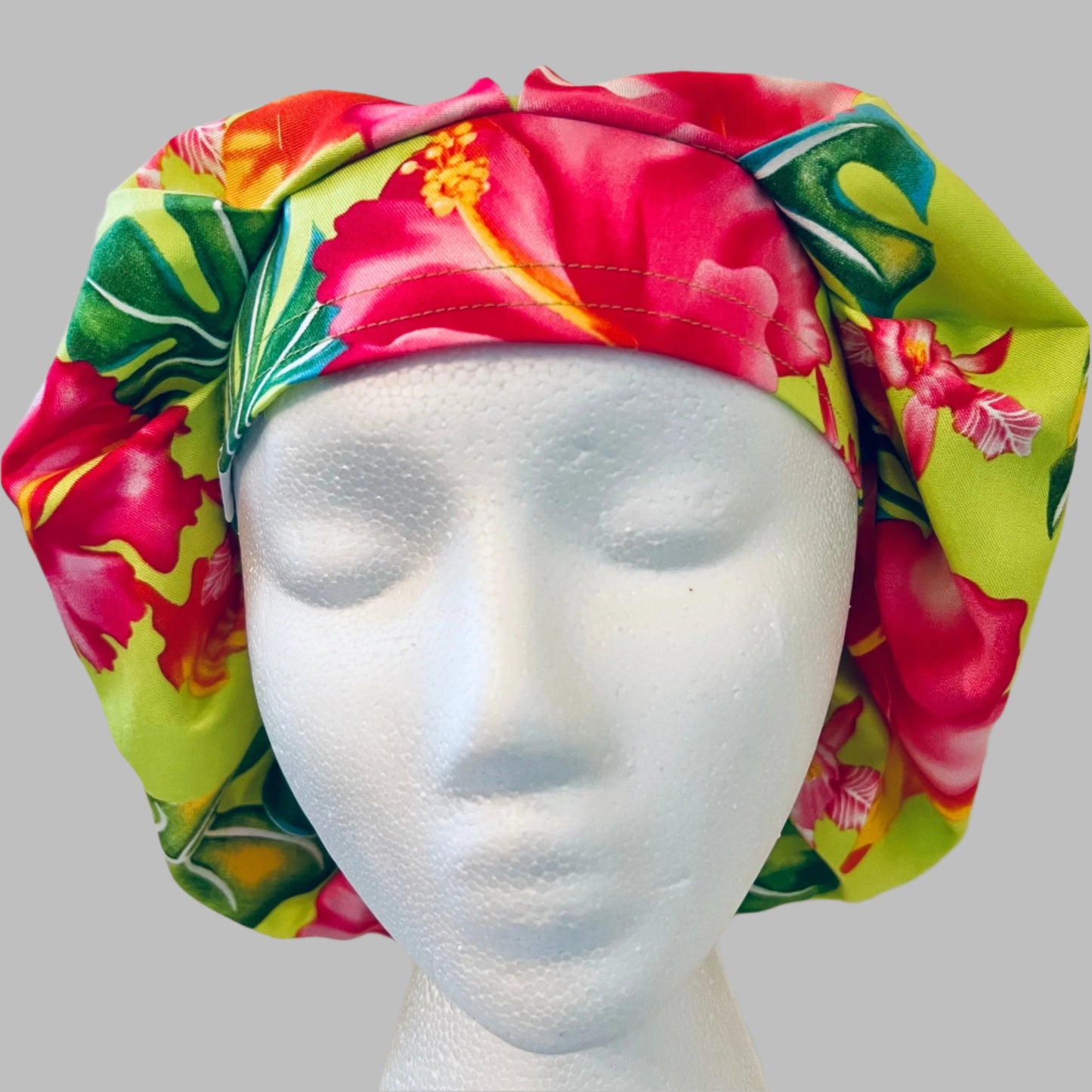 Bouffant-Hawaiian-lime green with pink Hibiscus flowers