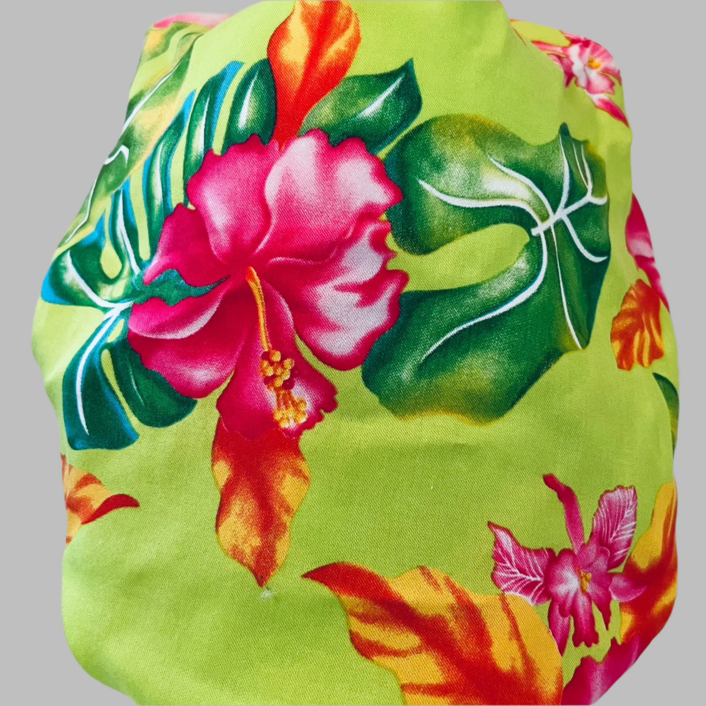 Bouffant-Hawaiian-lime green with pink Hibiscus flowers
