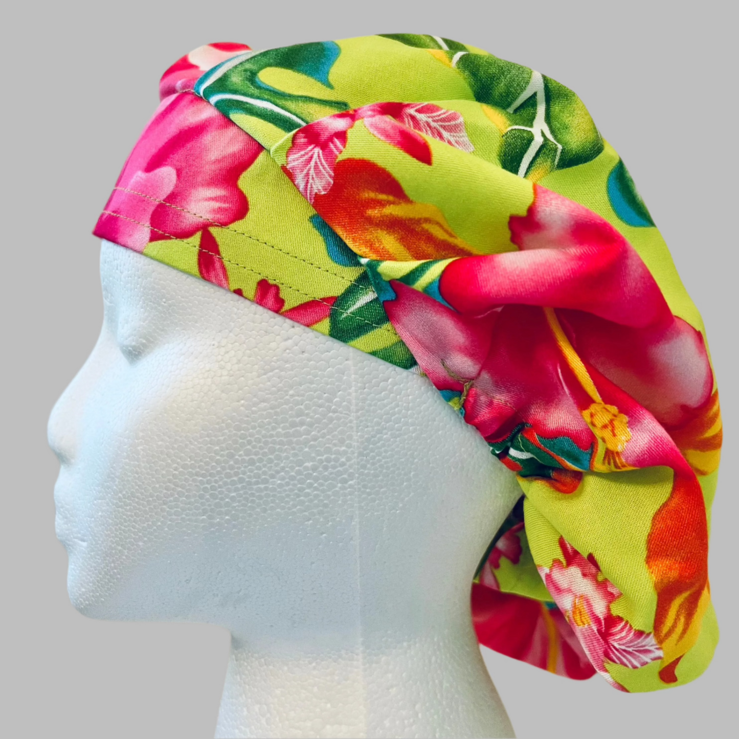 Bouffant-Hawaiian-lime green with pink Hibiscus flowers