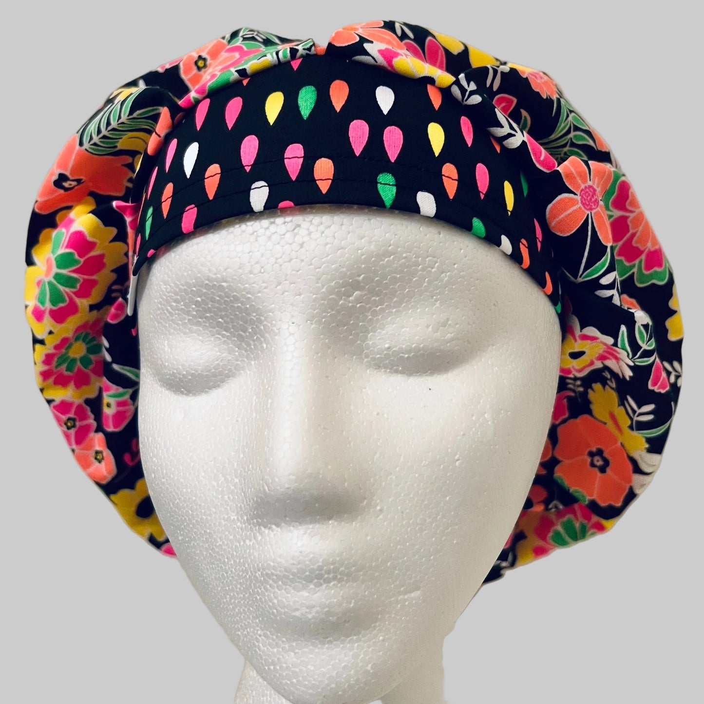 Bright Floral Bouffant Scrub Cap – Neon Flower Surgical Hat for Thick Hair Nurses