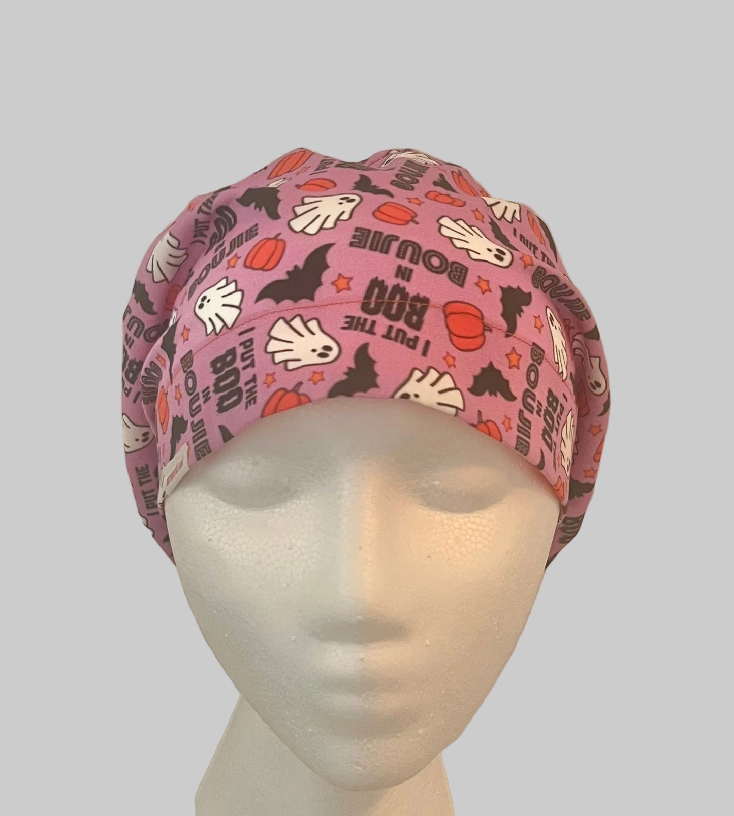 Pink Halloween Ghost & Pumpkin Euro Scrub Cap – “I Put the Boo in Boujee” Surgical Cap