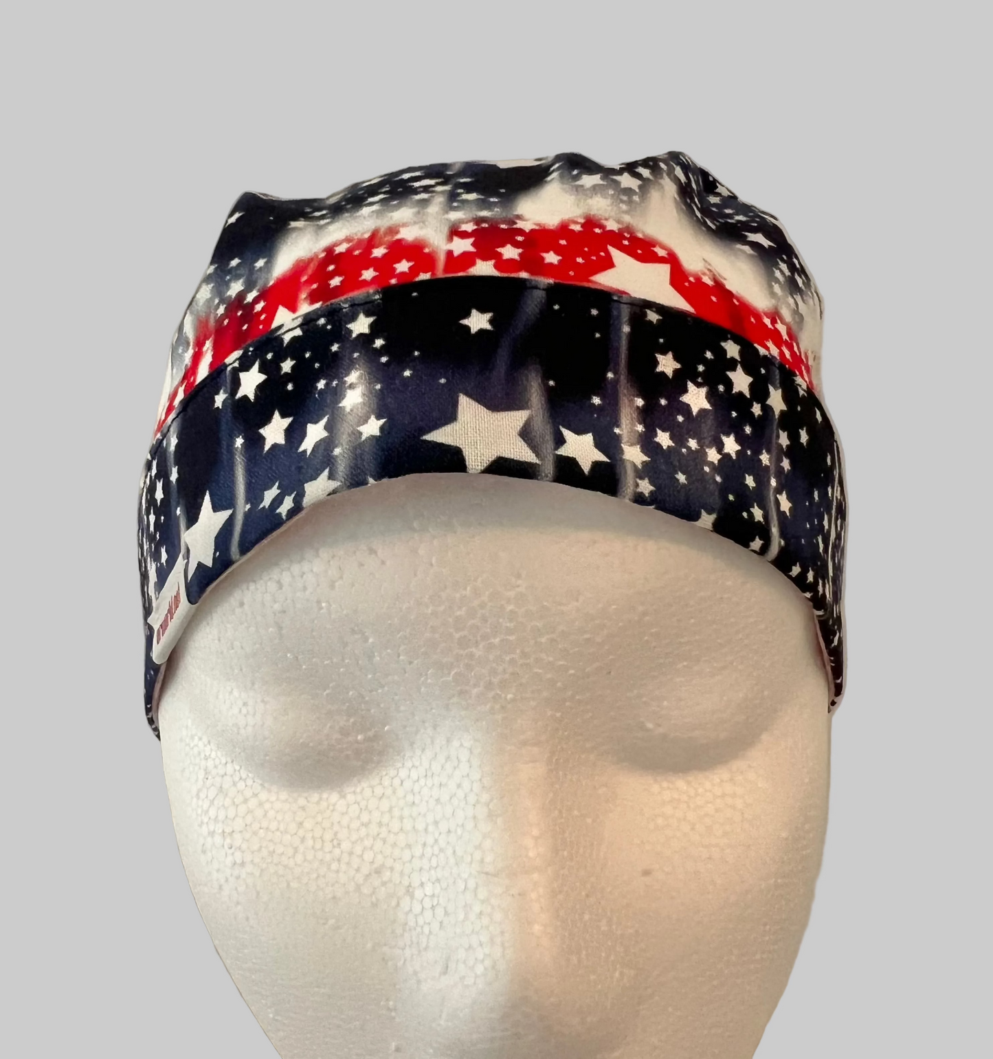 Patriotic Tie-Dye Ponytail Scrub Cap – American Flag Stars Nurse Hat – Red White Blue Surgical Cap for Long Hair