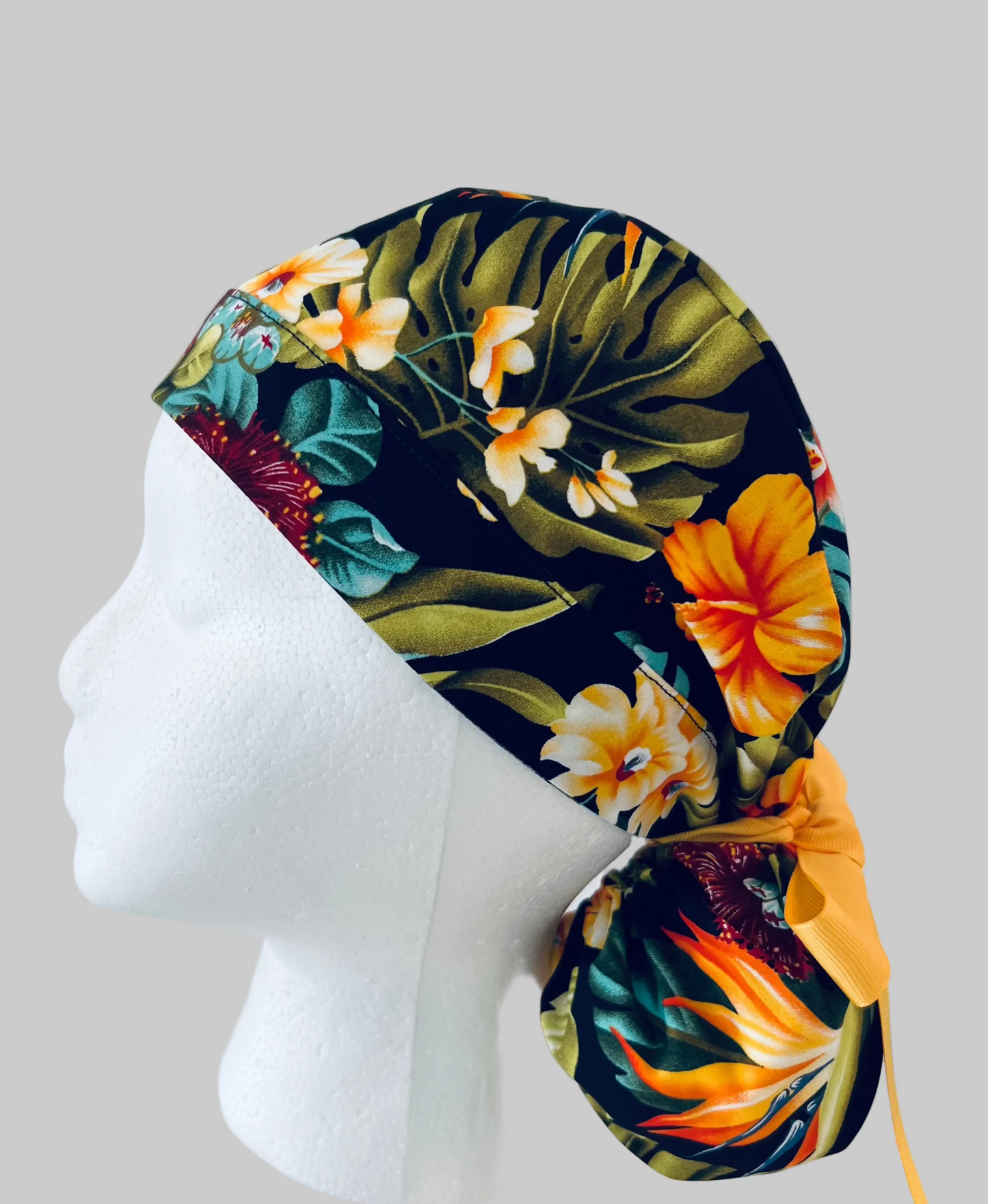 Tropical Floral Ponytail Scrub Cap – Hibiscus Surgical Cap for Long Hair | Adjustable Nurse Hat with Tie Back