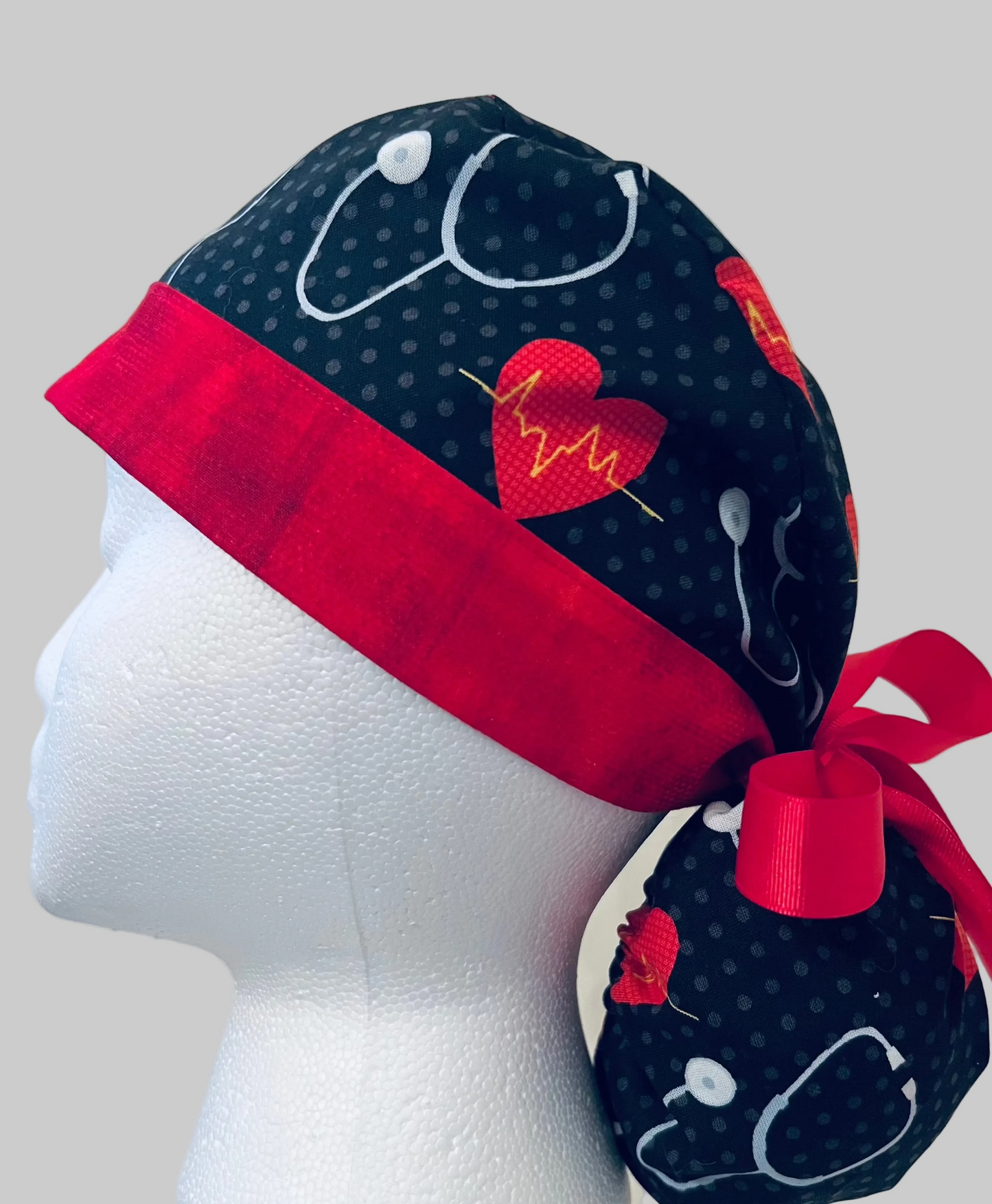 Ponytail Scrub Cap – Heartbeat EKG Cardiology Design on Black | Nurse Hat