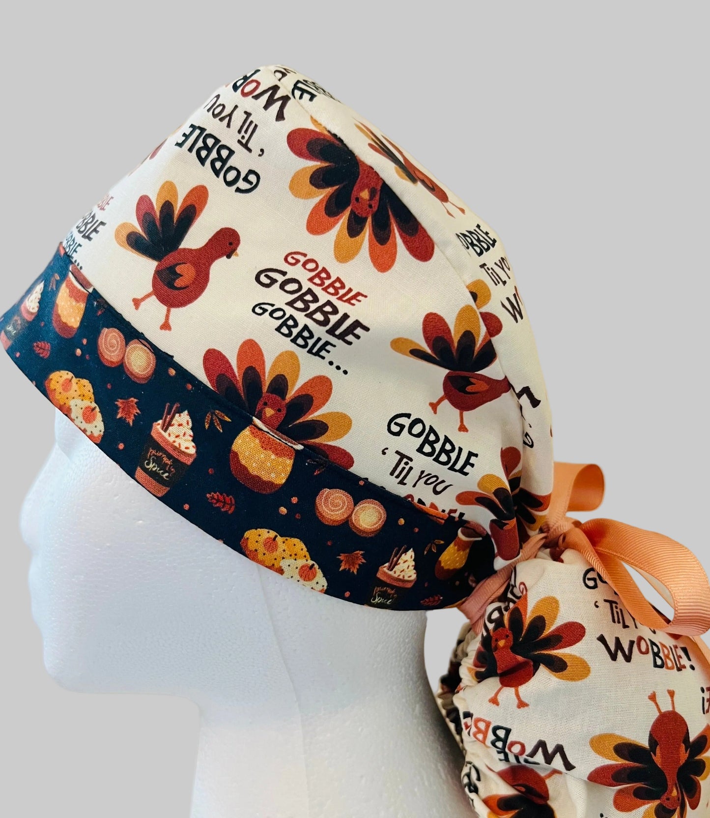 Ponytail Scrub Cap Thanksgiving Turkey Adjustable Surgical Hat | Fall Nurse Cap, Gobble Til You Wobble Autumn Scrub Hat | left side view