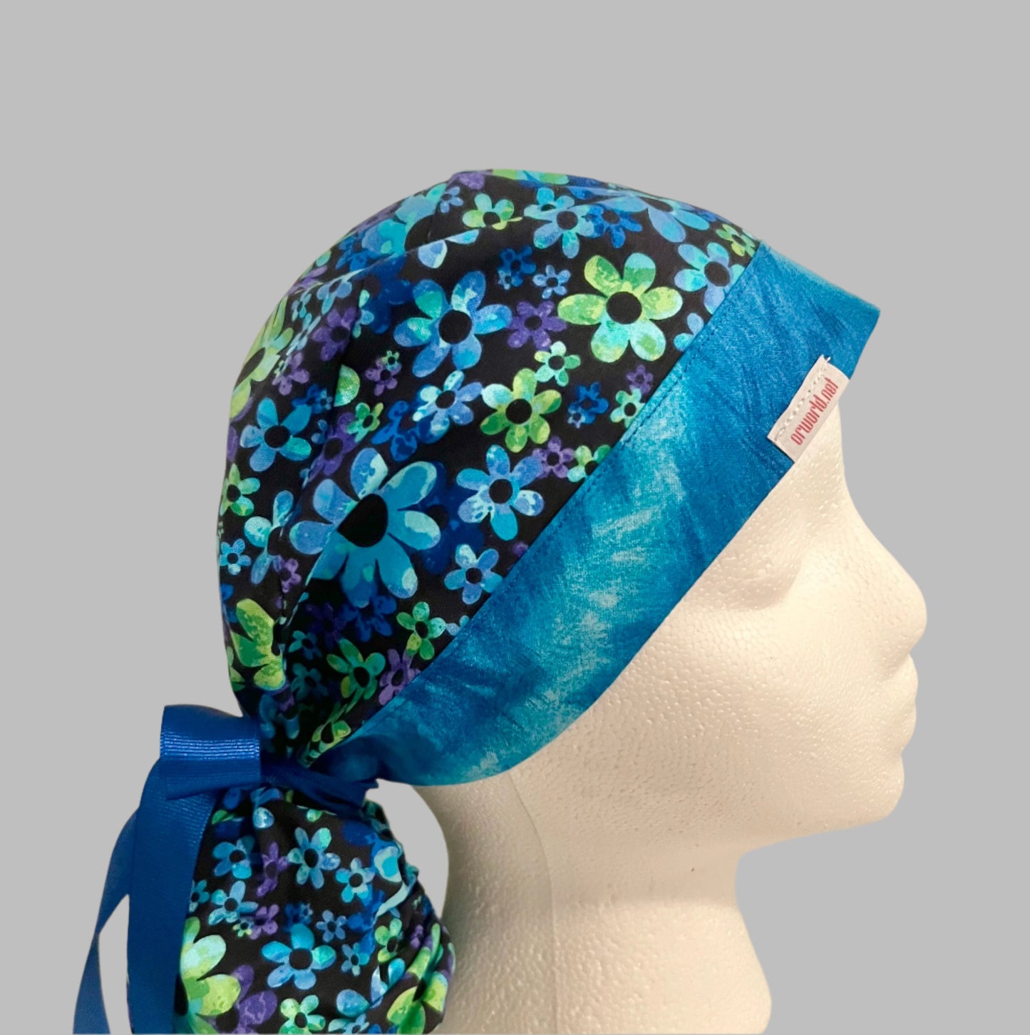Ponytail Style Hat - Blue and Lime flowers