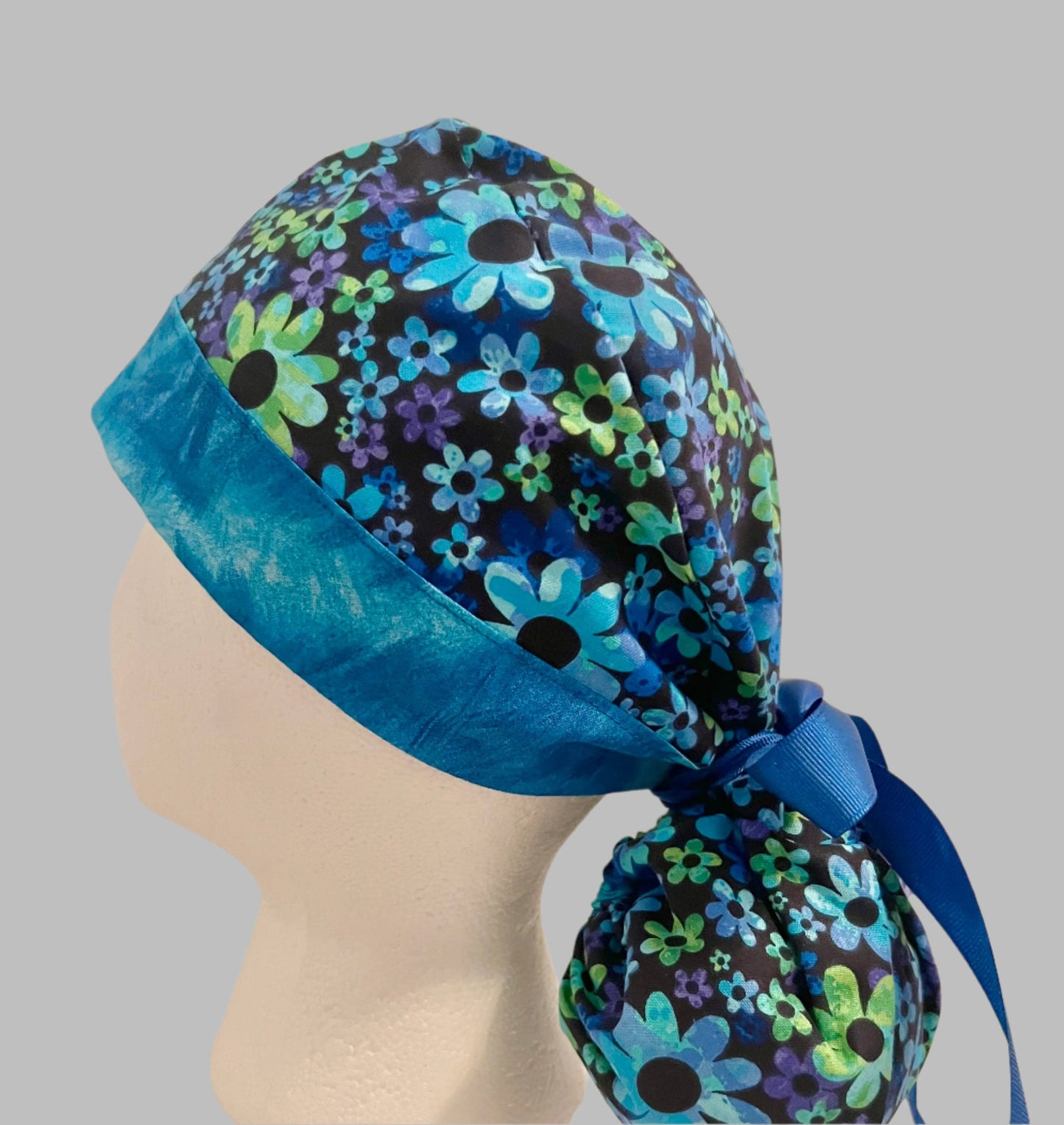 Ponytail Style Hat - Blue and Lime flowers
