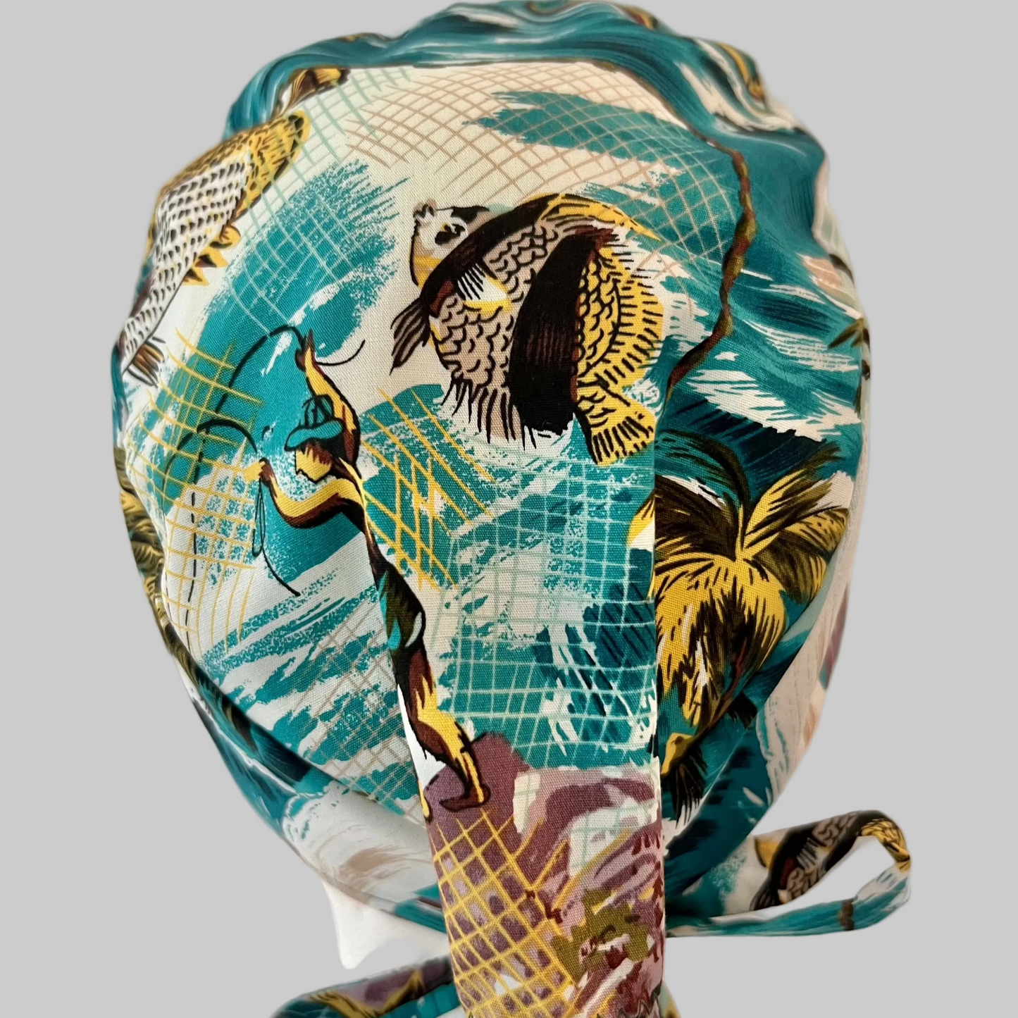 Polynesian Fishing Scrub Cap – Tropical Fisherman Net Design Surgical Cap – Ocean Culture Medical Hat for Nurses & Surgeo