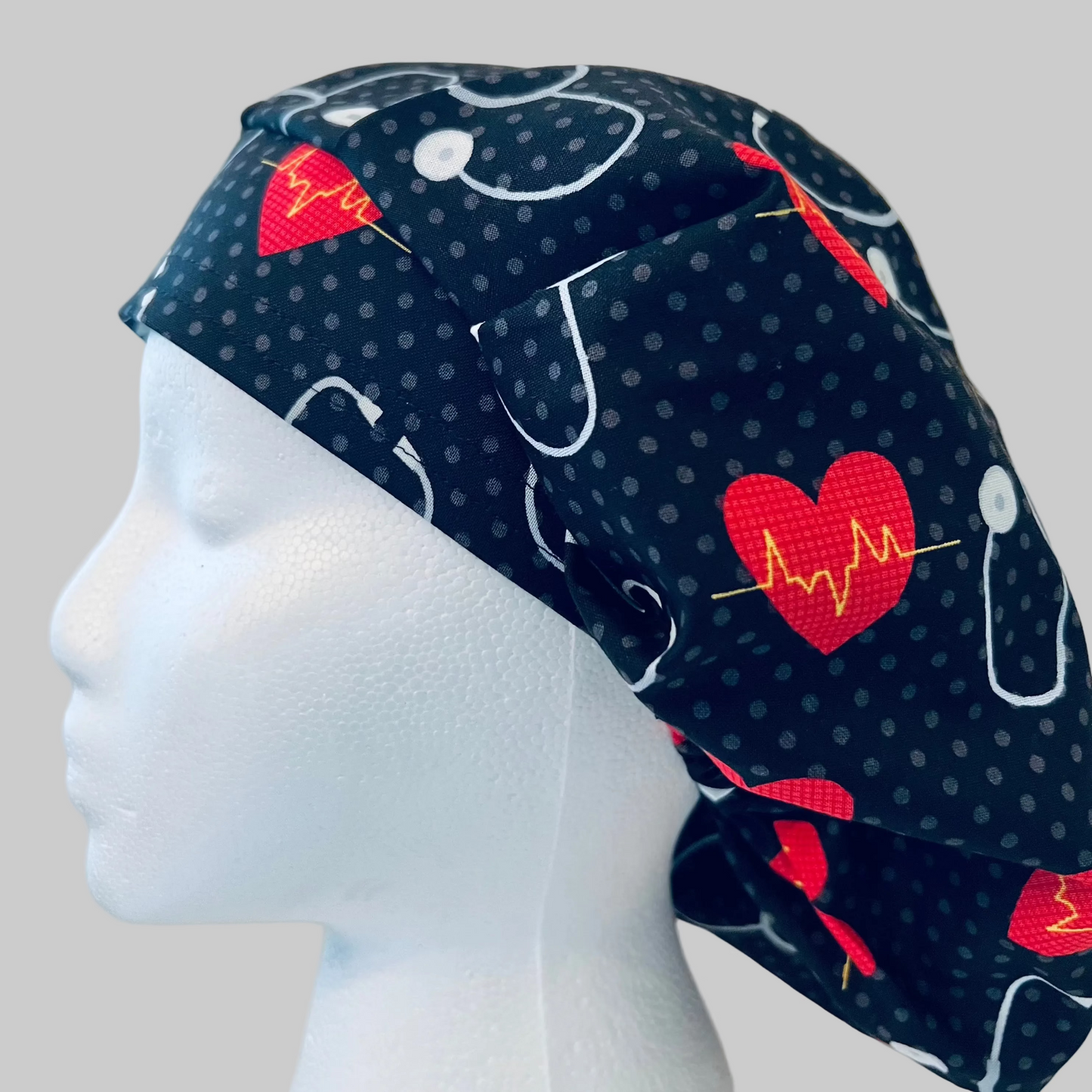 Bouffant Scrub Cap | Cardiology Heartbeat EKG Hearts on Black | Nurse Surgical Hat