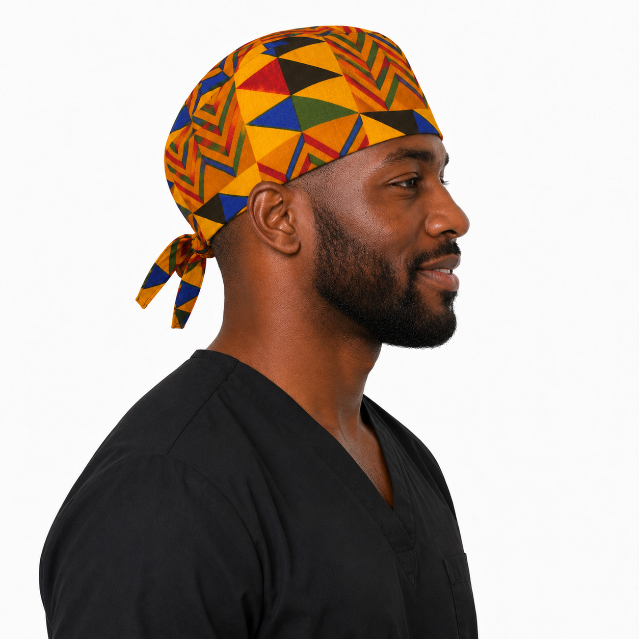 Colorful Geometric African Kente mens tieback scrub cap right side view adjustable tie back bold Ghana triangle Kente pattern surgical hat male healthcare professionals