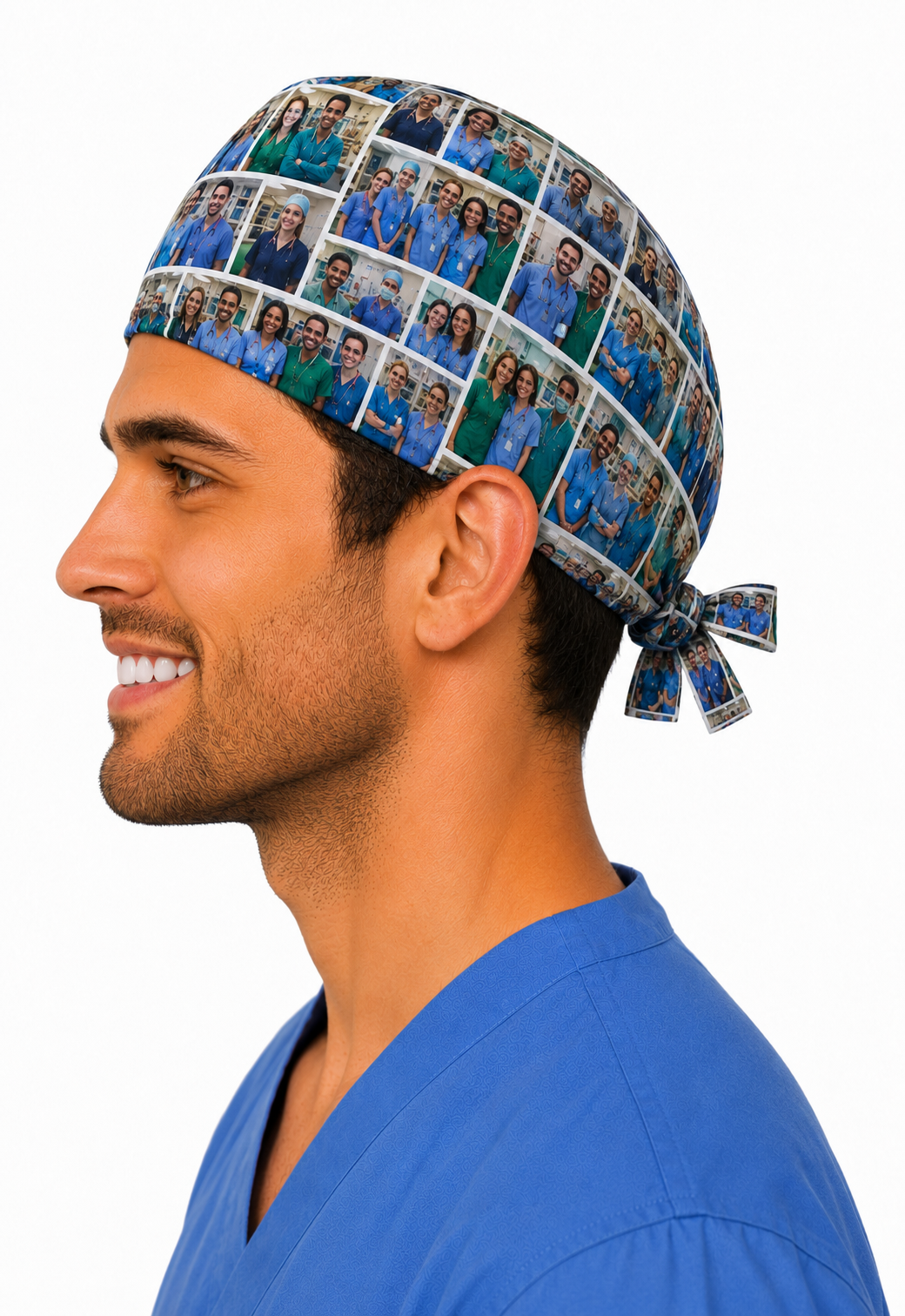 Custom photo grid-style scrub cap on a male model β personalized photo surgical hat for surgeons & nurses, handmade in the USA by OR World.