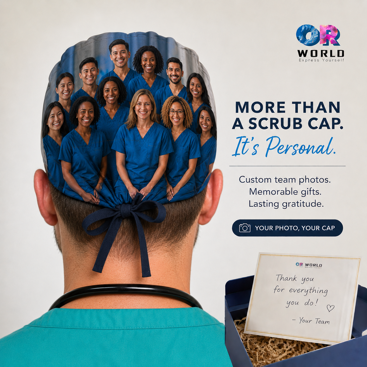 custom group photo mens scrub cap back view — thank you gift for surgeon from team — handmade personalized surgical hat OR World