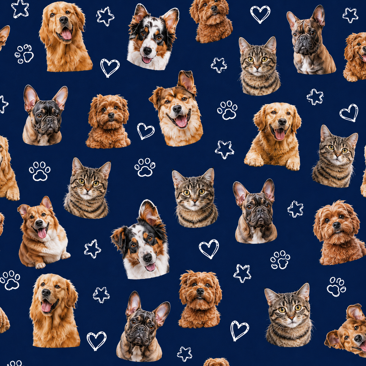 Custom photo scrub cap — personalized photo bouffant surgical hat for women, navy with uploaded dog & cat photos, front view, handmade in the USA by OR World.