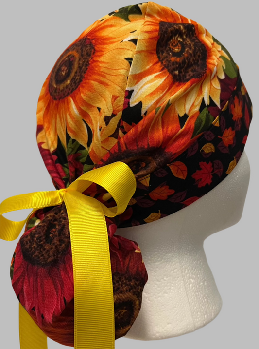 Ponytail Style Hat-Red Sunflowers with Yellow Ribbon ties