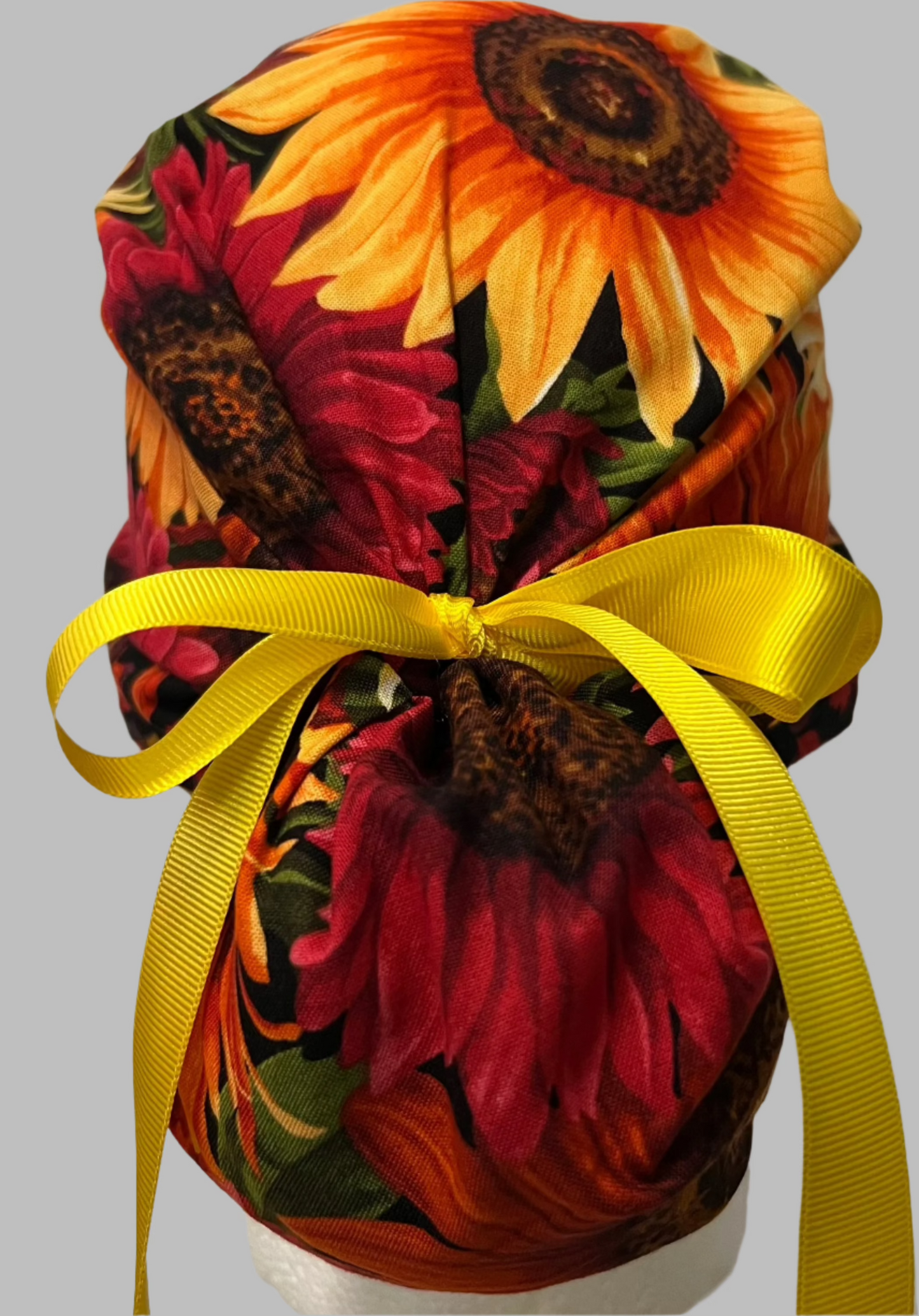 Ponytail Style Hat-Red Sunflowers with Yellow Ribbon ties