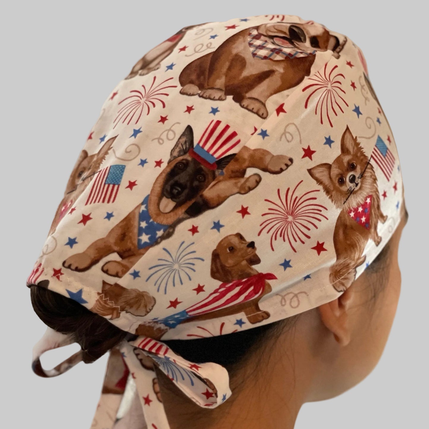 Patriotic Dog Scrub Cap | USA Flag Puppy Surgical Cap | Fireworks Nurse Hat | Tie Back Scrub Cap | Veterinary Scrub Hat | OR Cap