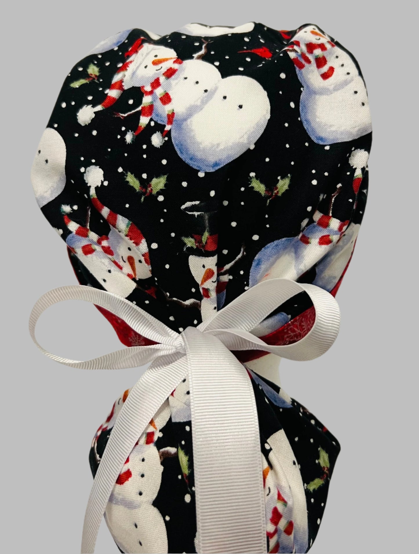 Ponytail style hat-Snowmen with white ribbon ties
