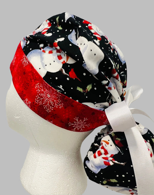 Ponytail style hat-Snowmen with white ribbon ties