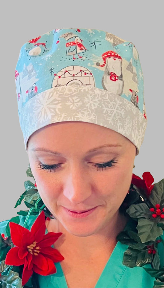 Ponytail Style hat-Penguins-Igloos with red polka dot ribbon ties