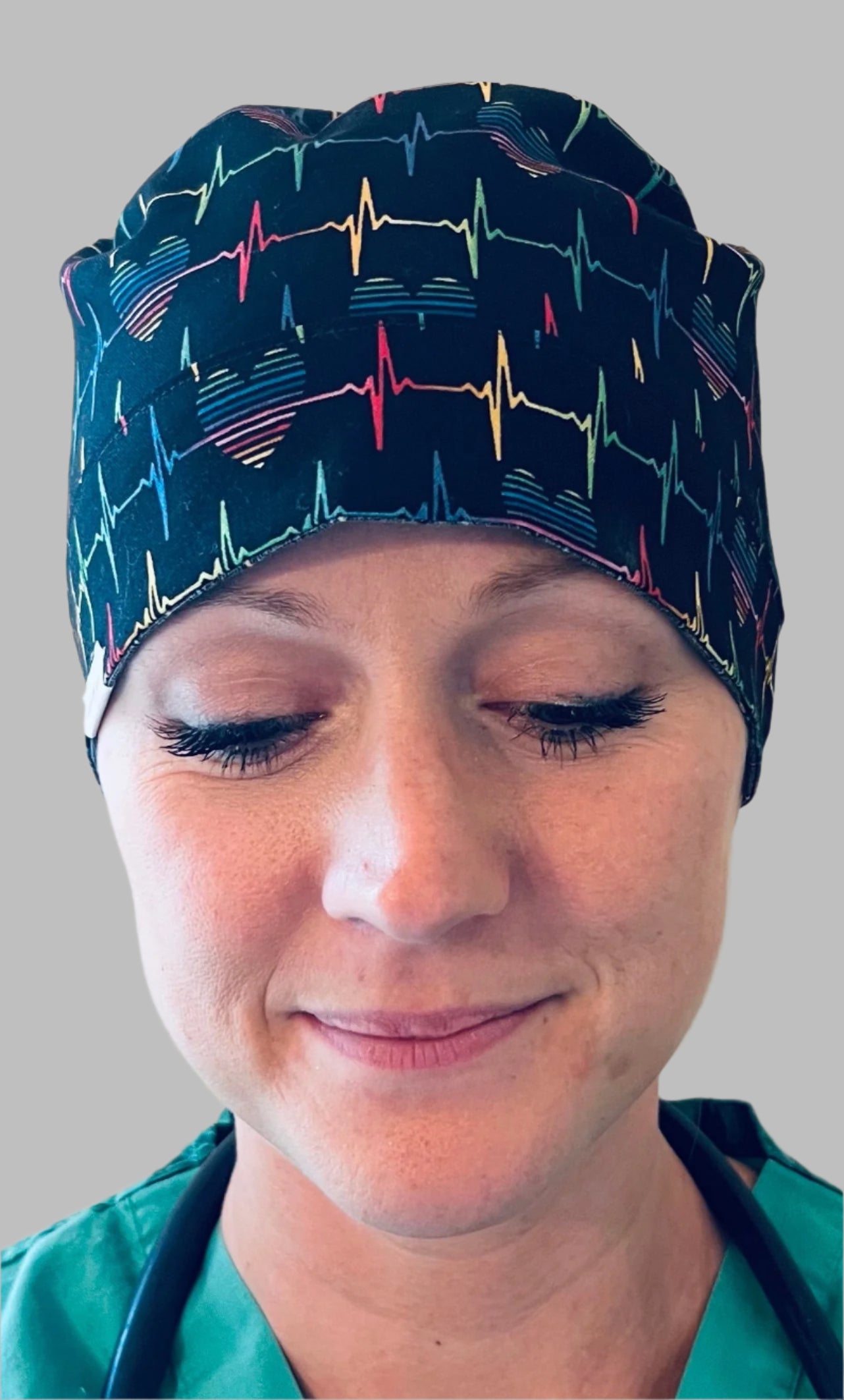 Ponytail Scrub Cap for Women Rainbow EKG Heartbeat Cardiology Surgical Hat CRNA Anesthesia Nurse Scrub Cap Cardiac Nurse Heart Surgeon Adjustable Long Hair OR World Scrub Caps