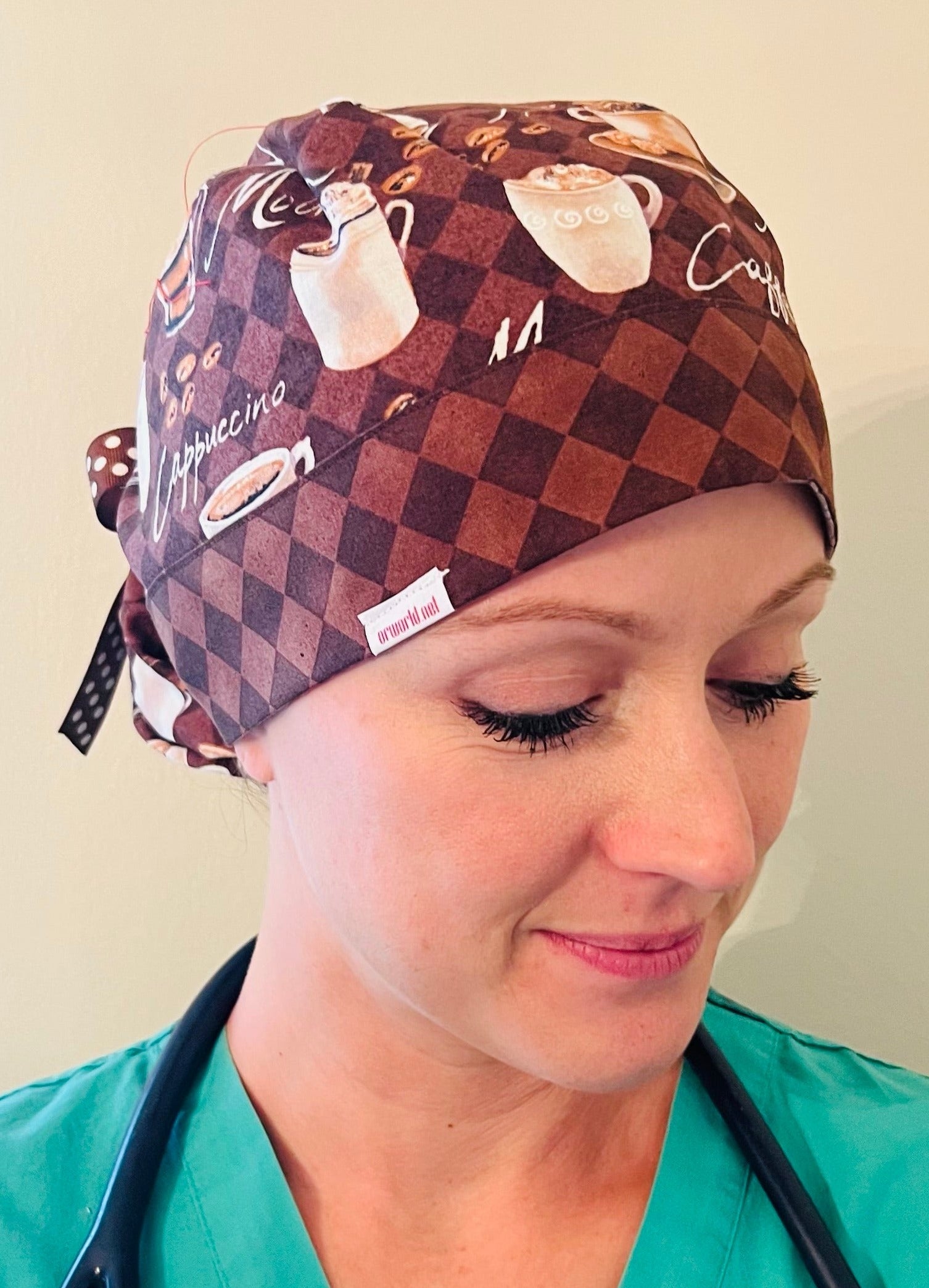 Ponytail Style Hat-Coffee Time Brown Polka Dots Ribbon Ties