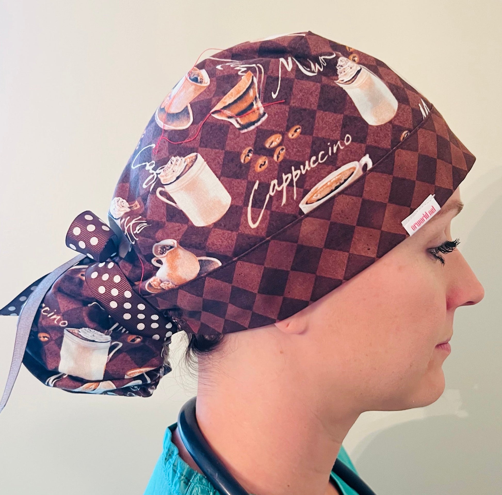 Ponytail Style Hat-Coffee Time Brown Polka Dots Ribbon Ties