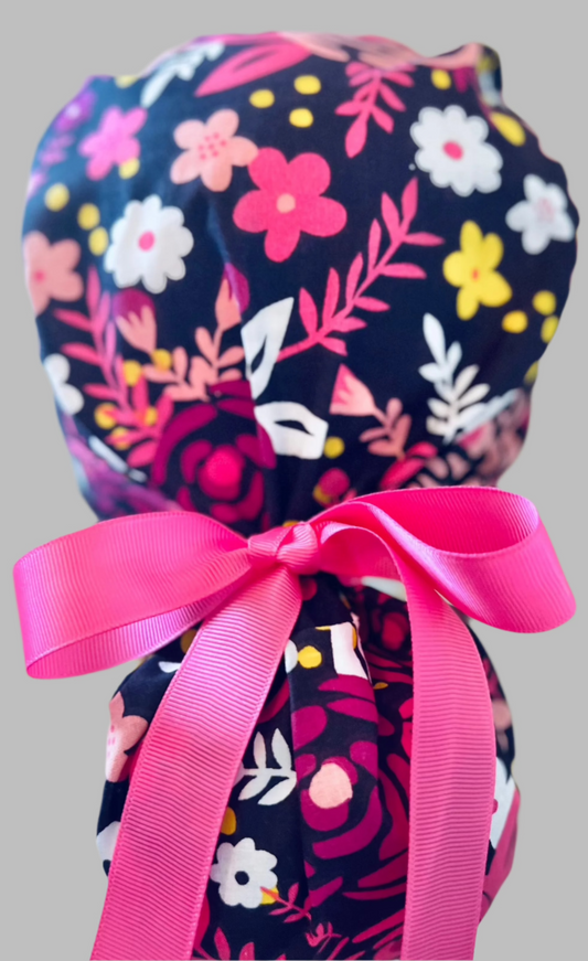 Ponytail Style - Pink flowers with pink ribbon