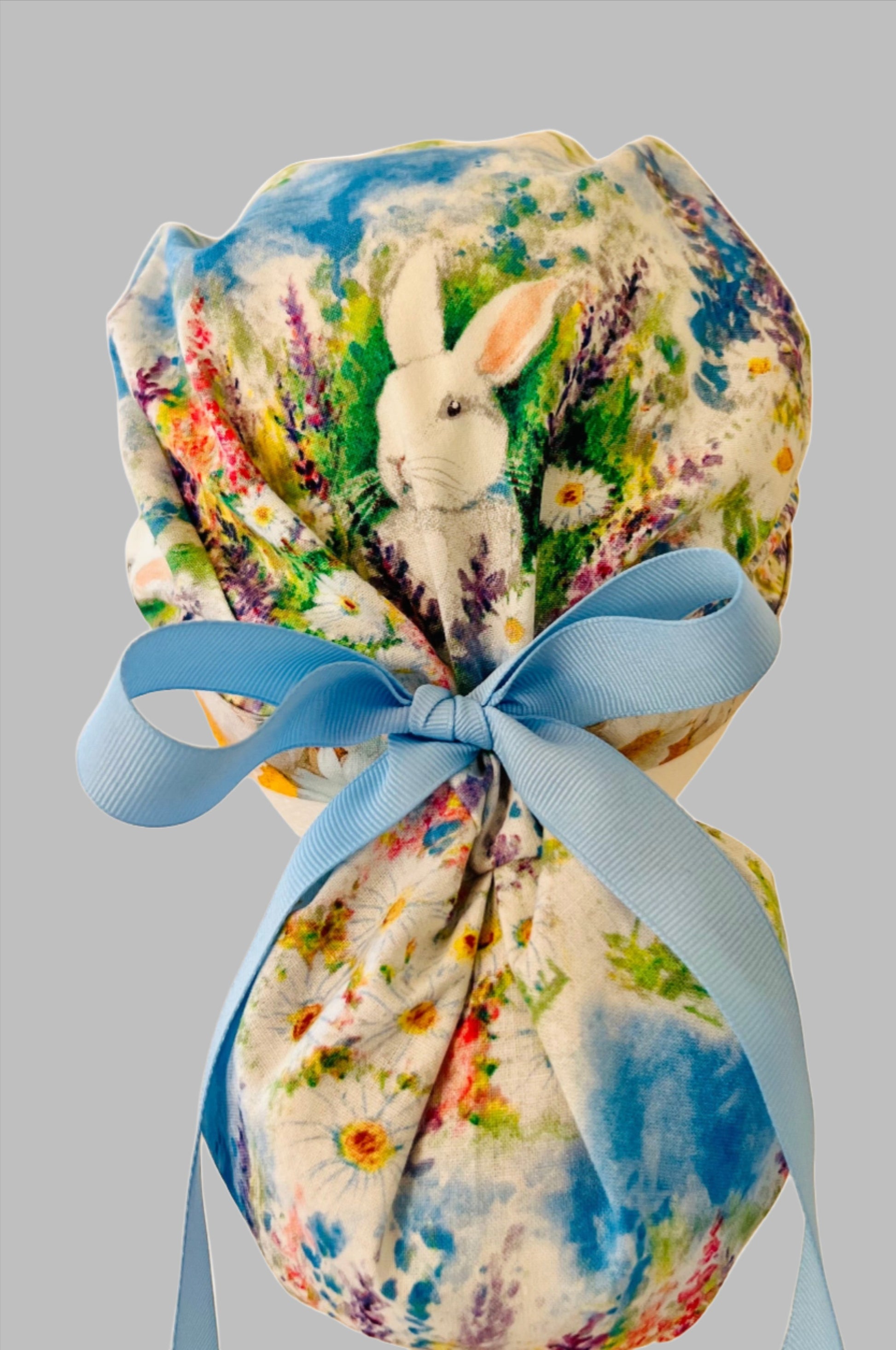 Ponytail Style Hat-Easter Holiday-Rabbit and daisies with light blue ribbon