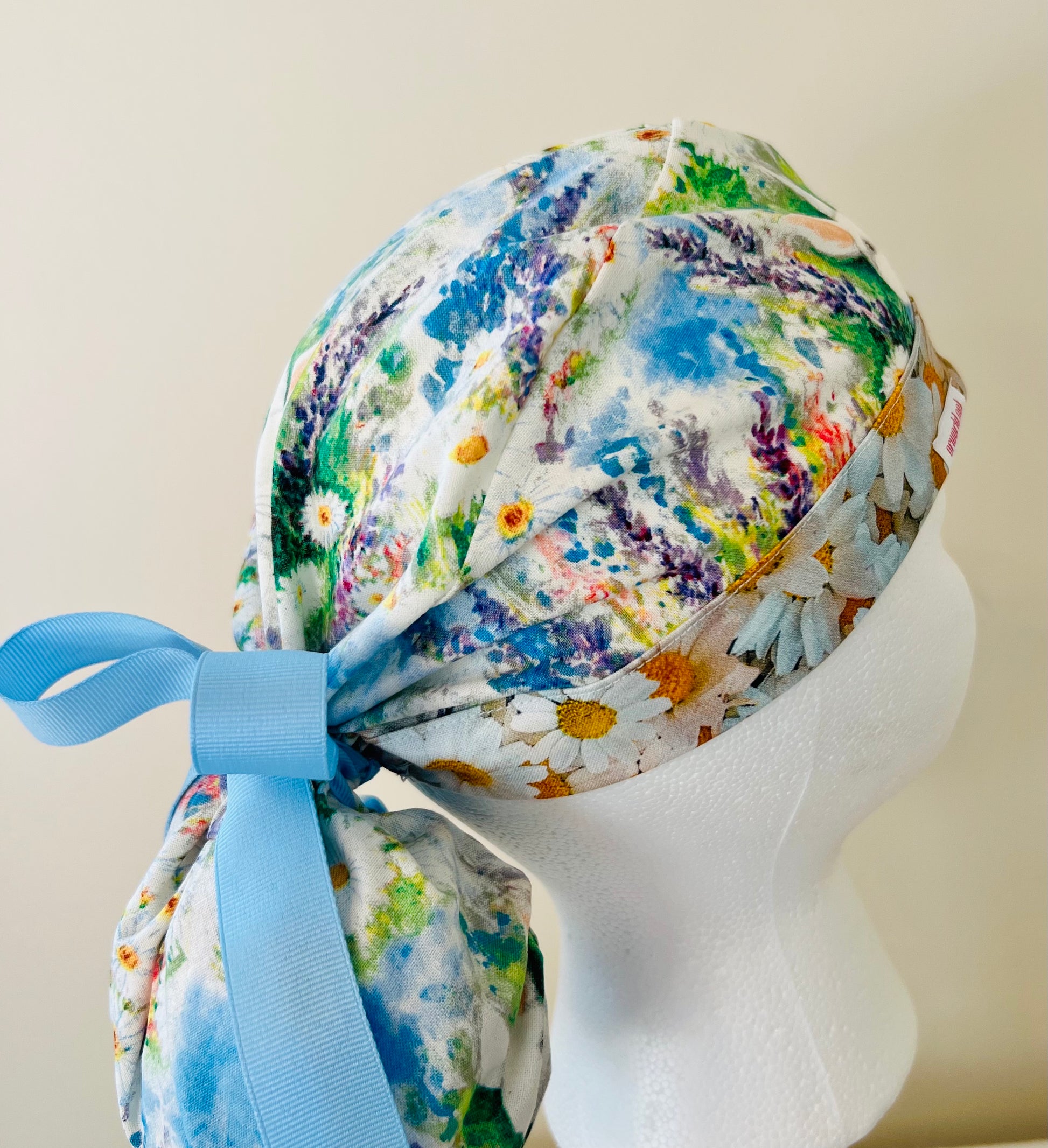 Ponytail Style Hat-Easter Holiday-Rabbit and daisies with light blue ribbon
