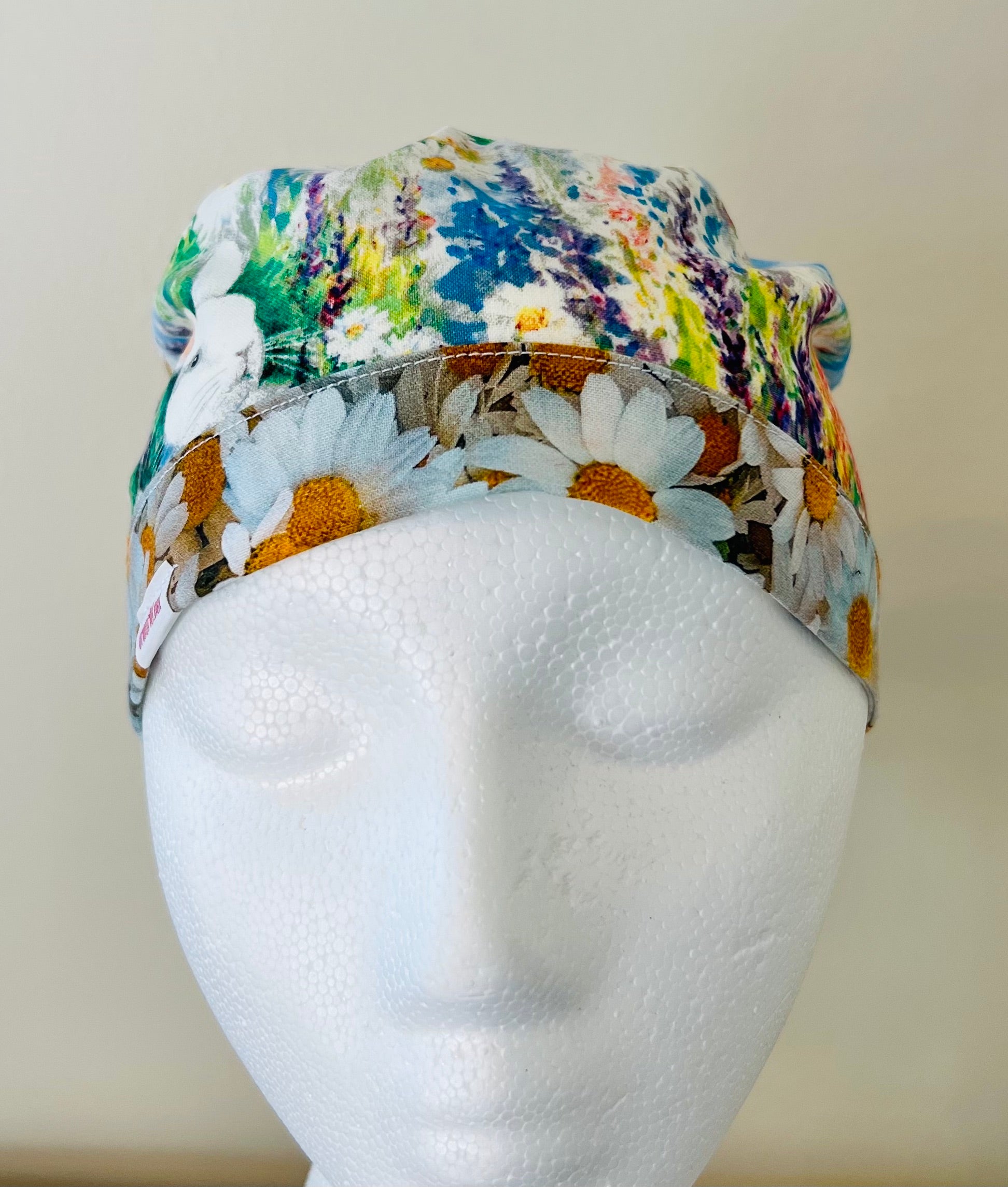 Ponytail Style Hat-Easter Holiday-Rabbit and daisies with light blue ribbon
