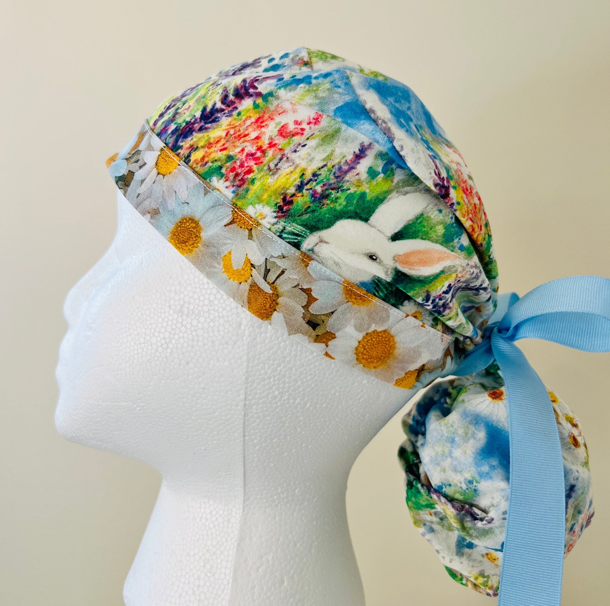 Ponytail Style Hat-Easter Holiday-Rabbit and daisies with light blue ribbon