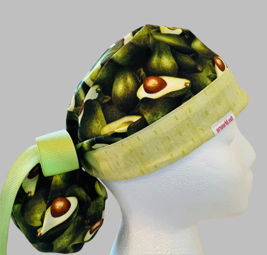 ponytail surgical scrub hat with green avocados - side