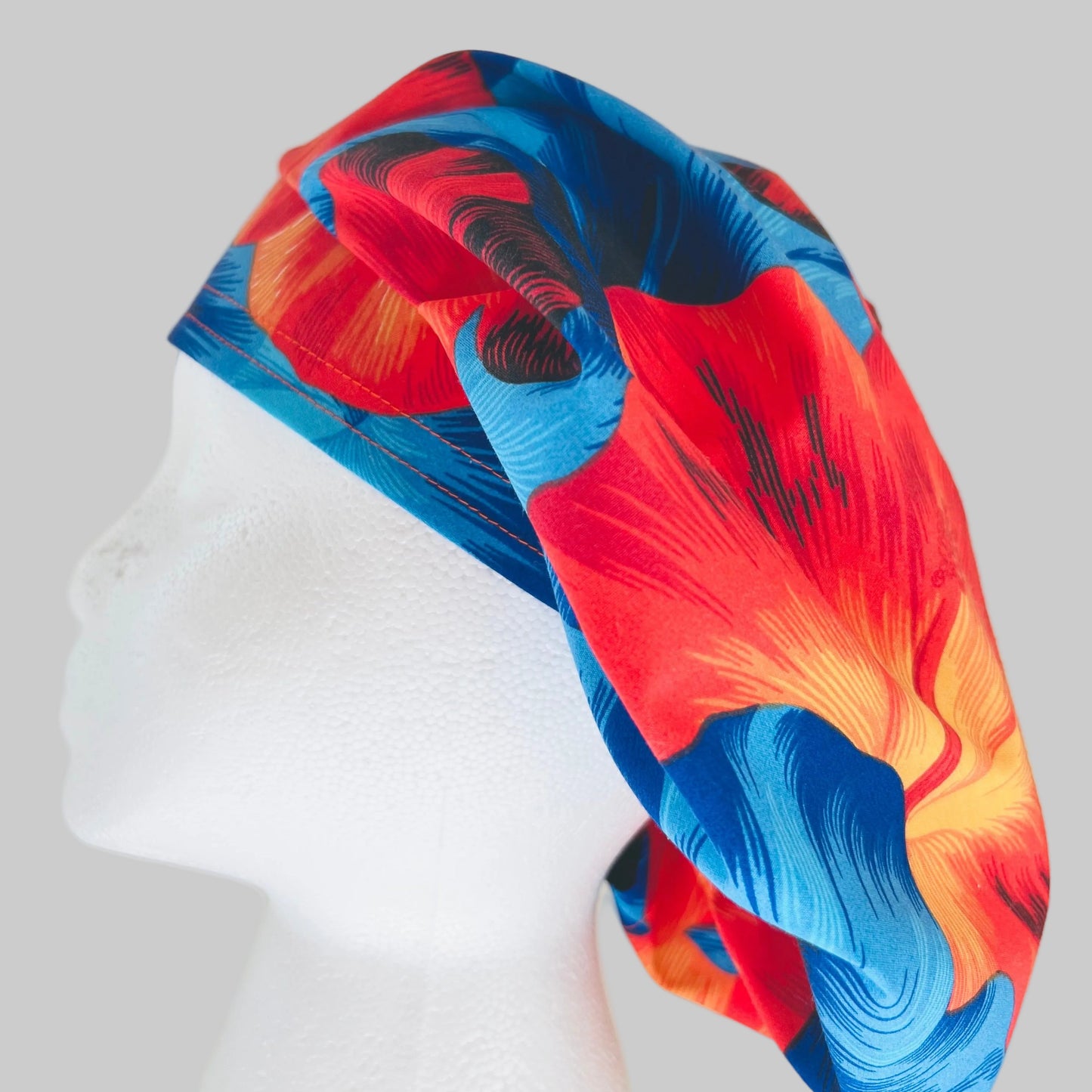 Blue & Orange Hawaiian Hibiscus Bouffant Scrub Cap | Tropical Floral Surgical Hat for Women