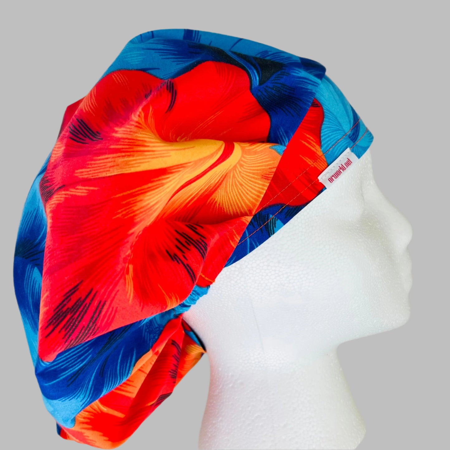 Bouffant-Hawiian-orange-red-blue-hibiscus