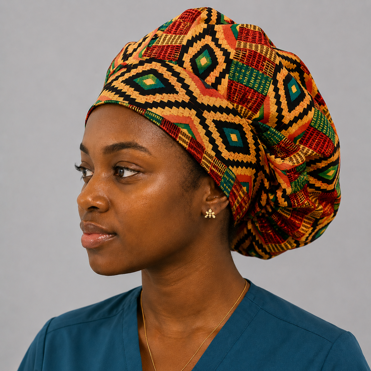 African Kente Ghana scrub caps for nurses and healthcare professionals — handmade surgical hats for women and men with optional satin lining