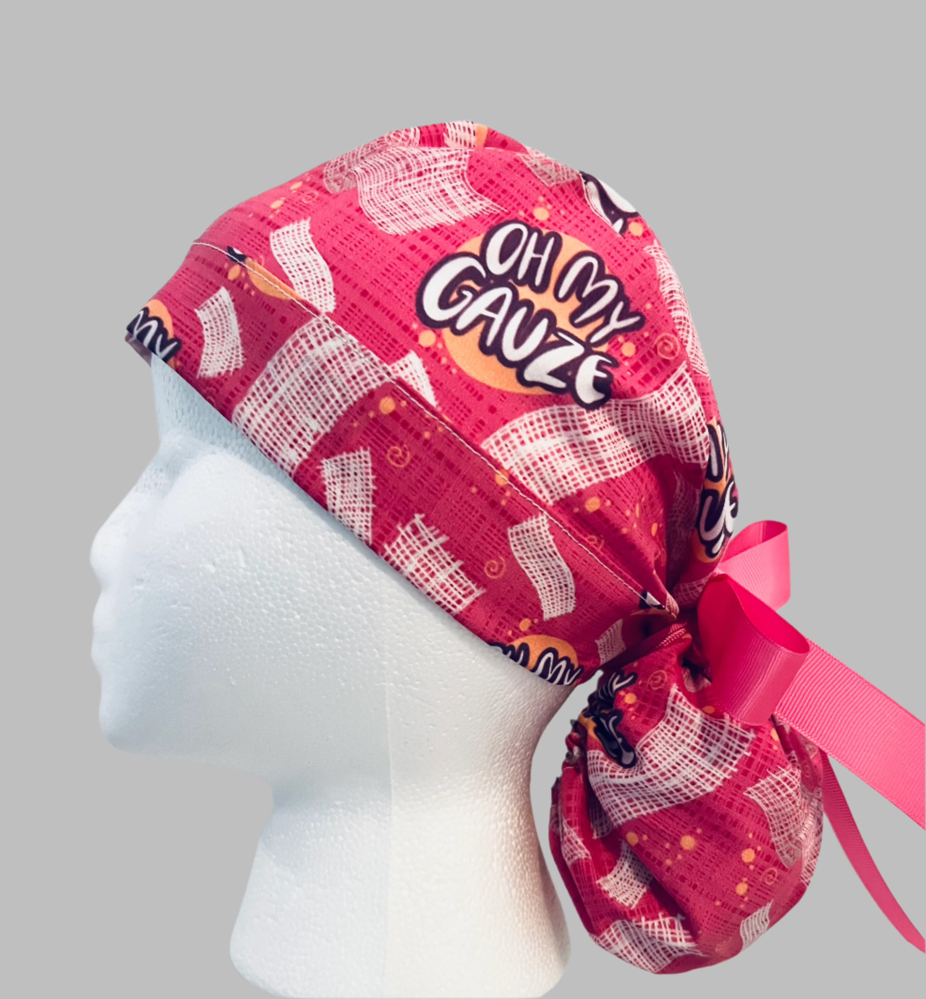 Funny Ponytail Surgical Cap for Women "Oh My Gauze" scrub cap