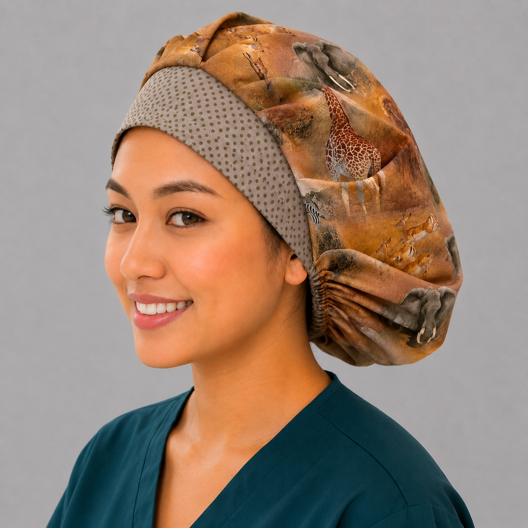 African Safari Wildlife Animal Surgical Bouffant hat for women optional satin lining scrub cap