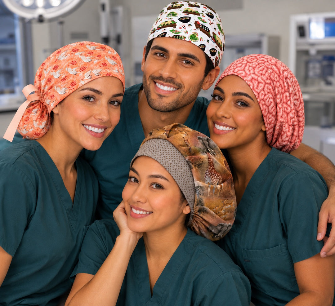 Male and female OR nurses wearing handmade scrub caps in sushi print, brain print, giraffe print and floral tie-back styles, full scrub cap collection