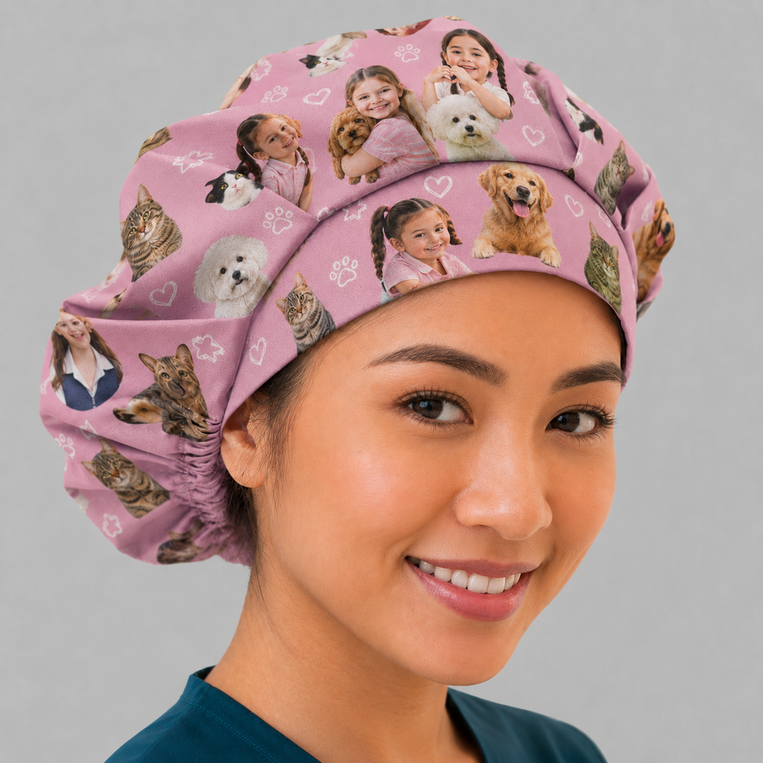 Custom photo bouffant scrub cap on model — personalized surgical hat with your photos, roomy fit for long hair, optional satin lining, handmade USA, OR World