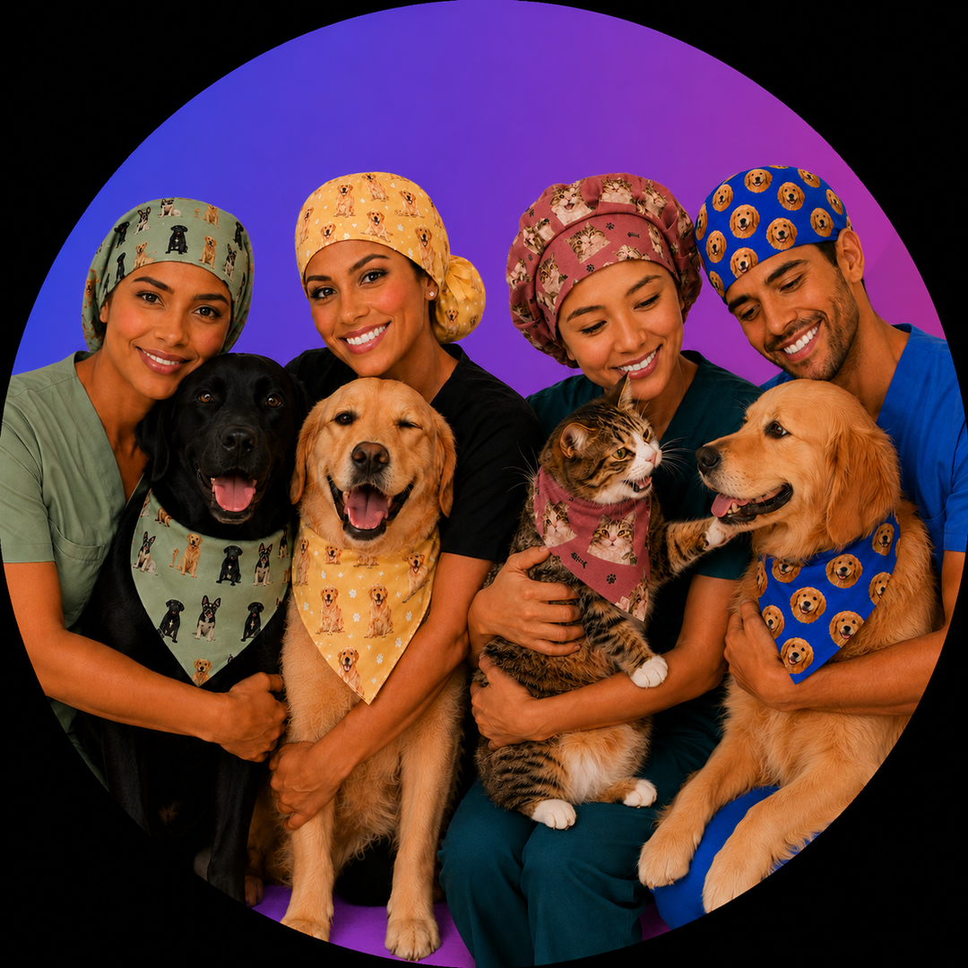 Custom pet photo scrub caps for nurses, surgeons and vets — personalized dog and cat photo surgical hats with matching pet bandana, handmade USA, OR World