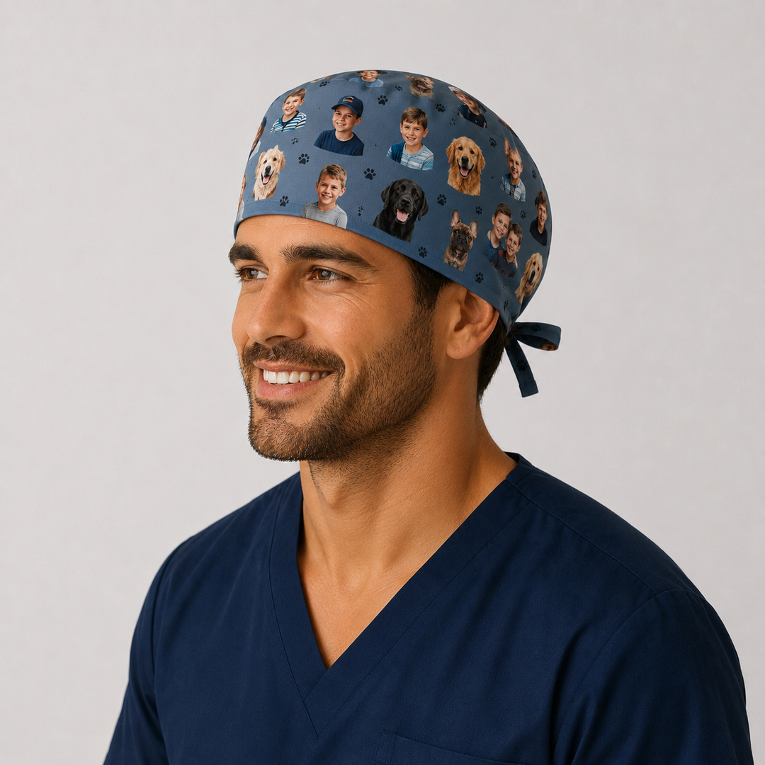 Custom photo men's tie-back scrub cap on male model — adjustable unisex personalized surgical hat with your photos, handmade USA, OR World