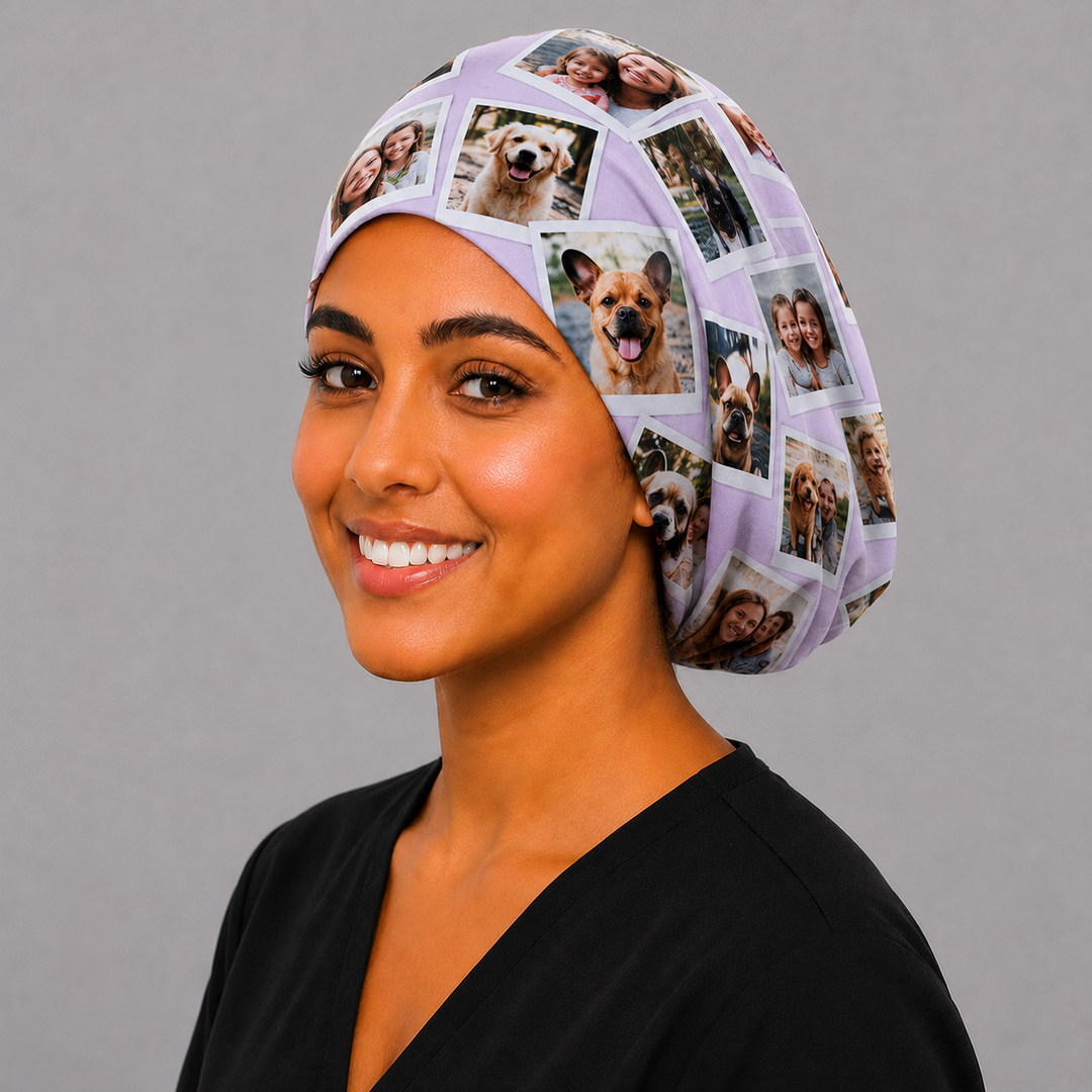 Custom photo euro scrub cap on model — sleek personalized surgical hat with your photos, adjustable fit, handmade USA, OR World