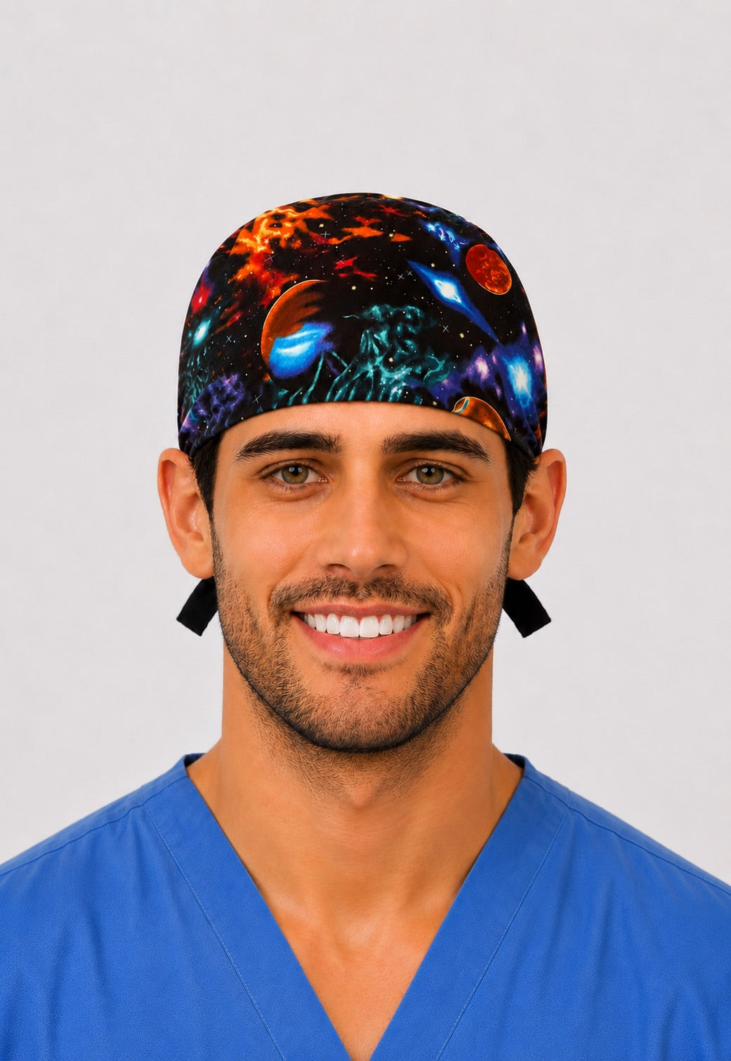 Galaxy surgical hats and space scrub caps featuring UFOs, aliens, planets, stars, outer space prints, and galaxy surgical cap designs.